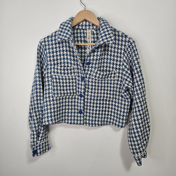 DOLAN Houndstooth Jacket XS Blue White Tweed Feel Cropped Anthropologie - Picture 4 of 12
